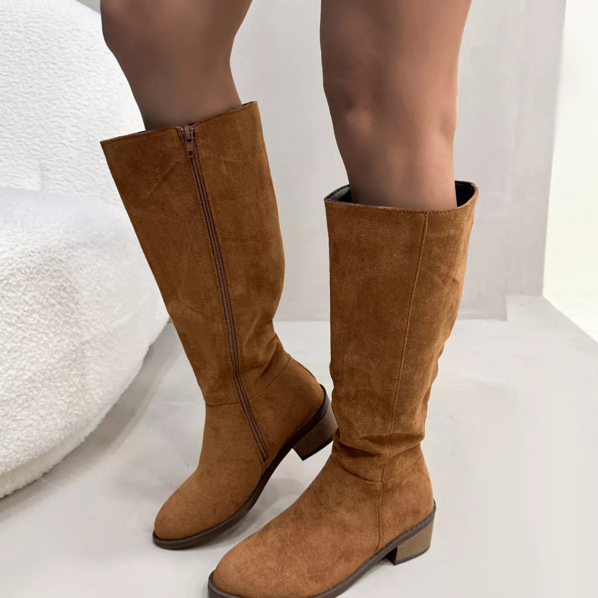 Side Zipper Closure Suede Knee-High Boots - Brown