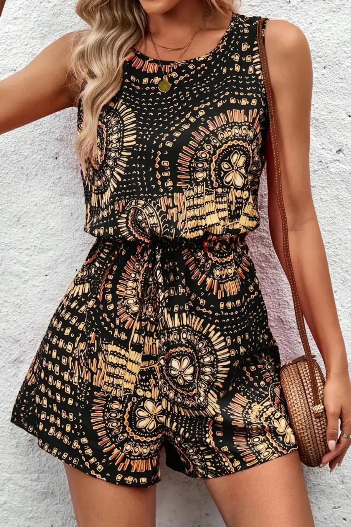Boho Floral Print Summer Romper - Black