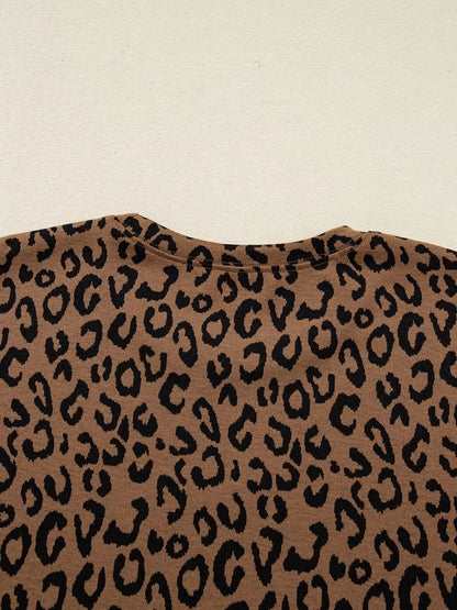 Striped Trim Leopard Long Sleeve Top Drawstring Pant Set -