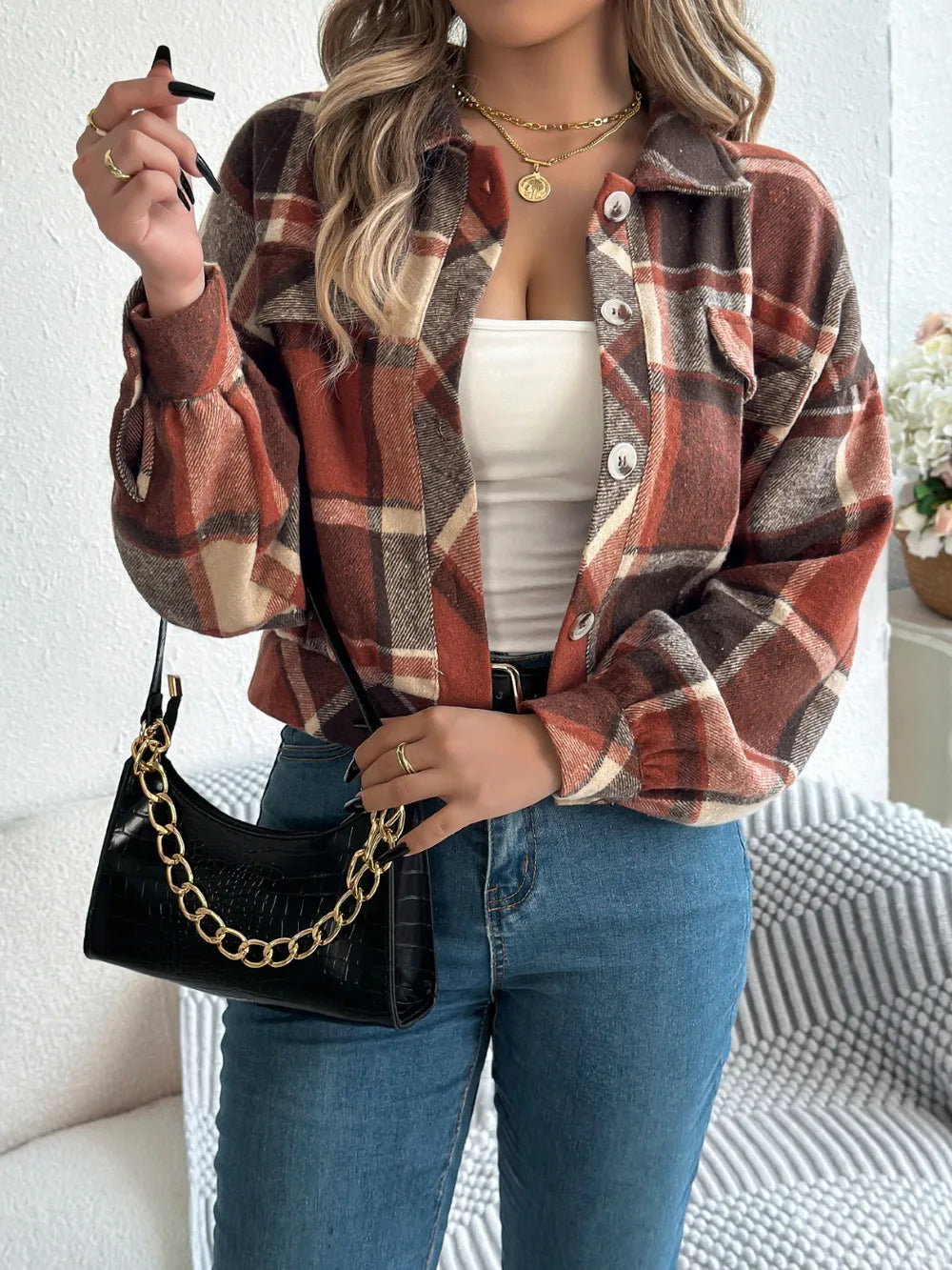 Plaid Button Up Long Sleeve Jacket - Terracotta