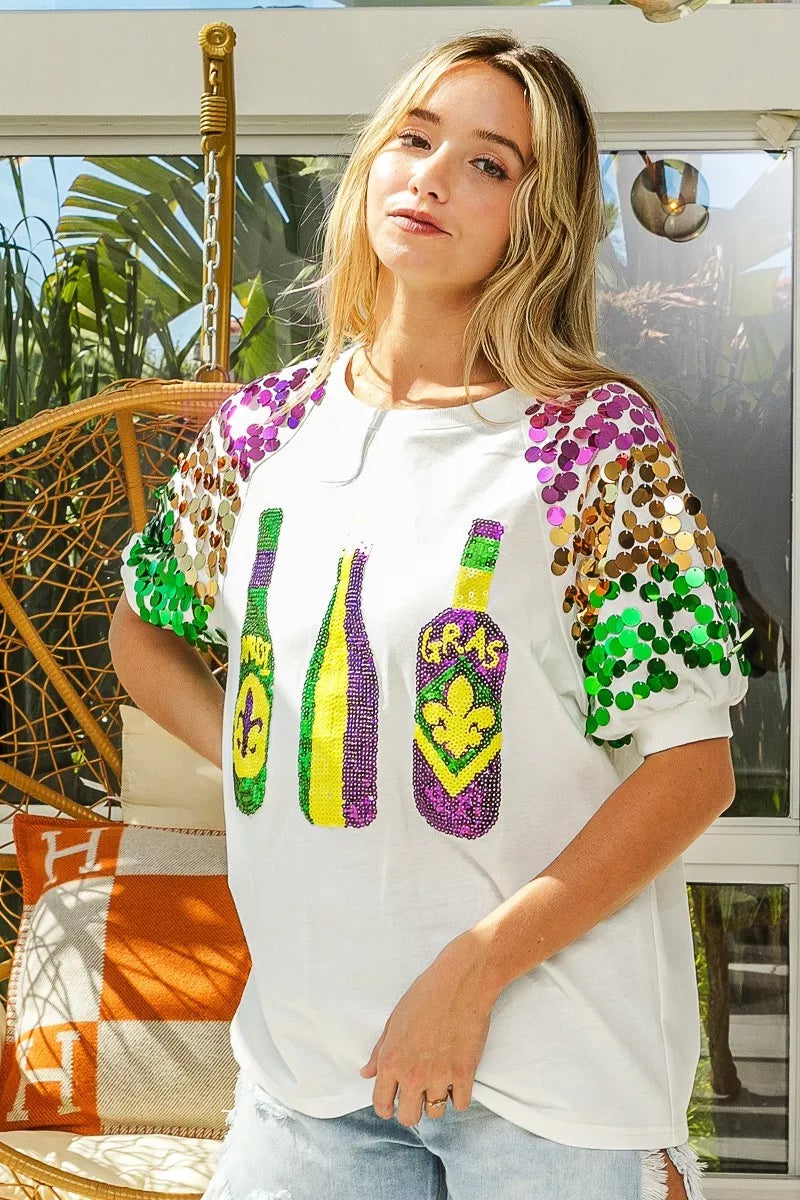 Sequin Mardi Gras Bottles Spangled Sleeve Top -