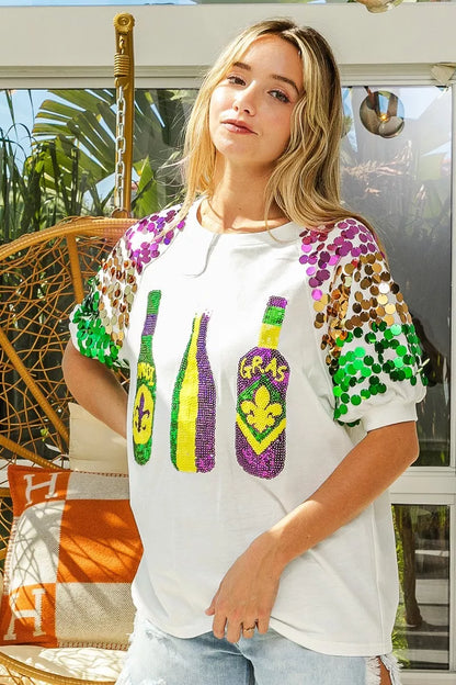 Sequin Mardi Gras Bottles Spangled Sleeve Top -