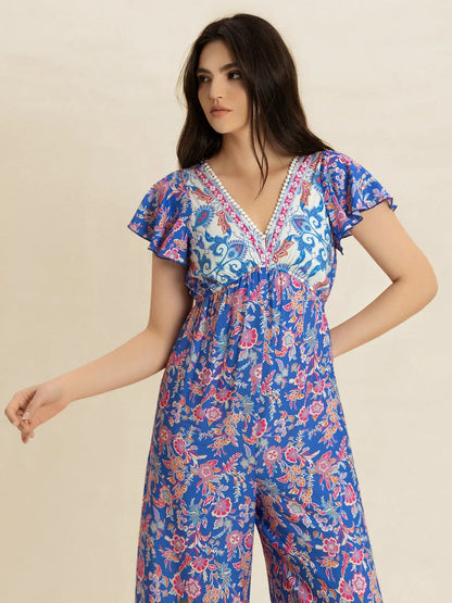 Printed V-Neck Wide Leg Jumpsuit -