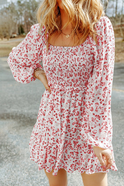 Smocked Floral Square Neck Balloon Sleeve Dress - Wine