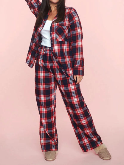Plaid Collared Neck Button Up Top and Pants Lounge Set -