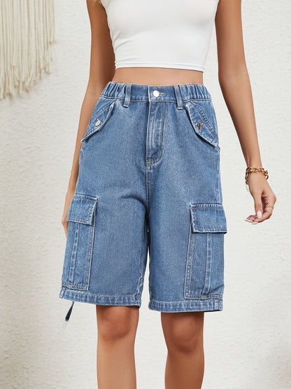 High Waist Denim Shorts with Pockets - Medium