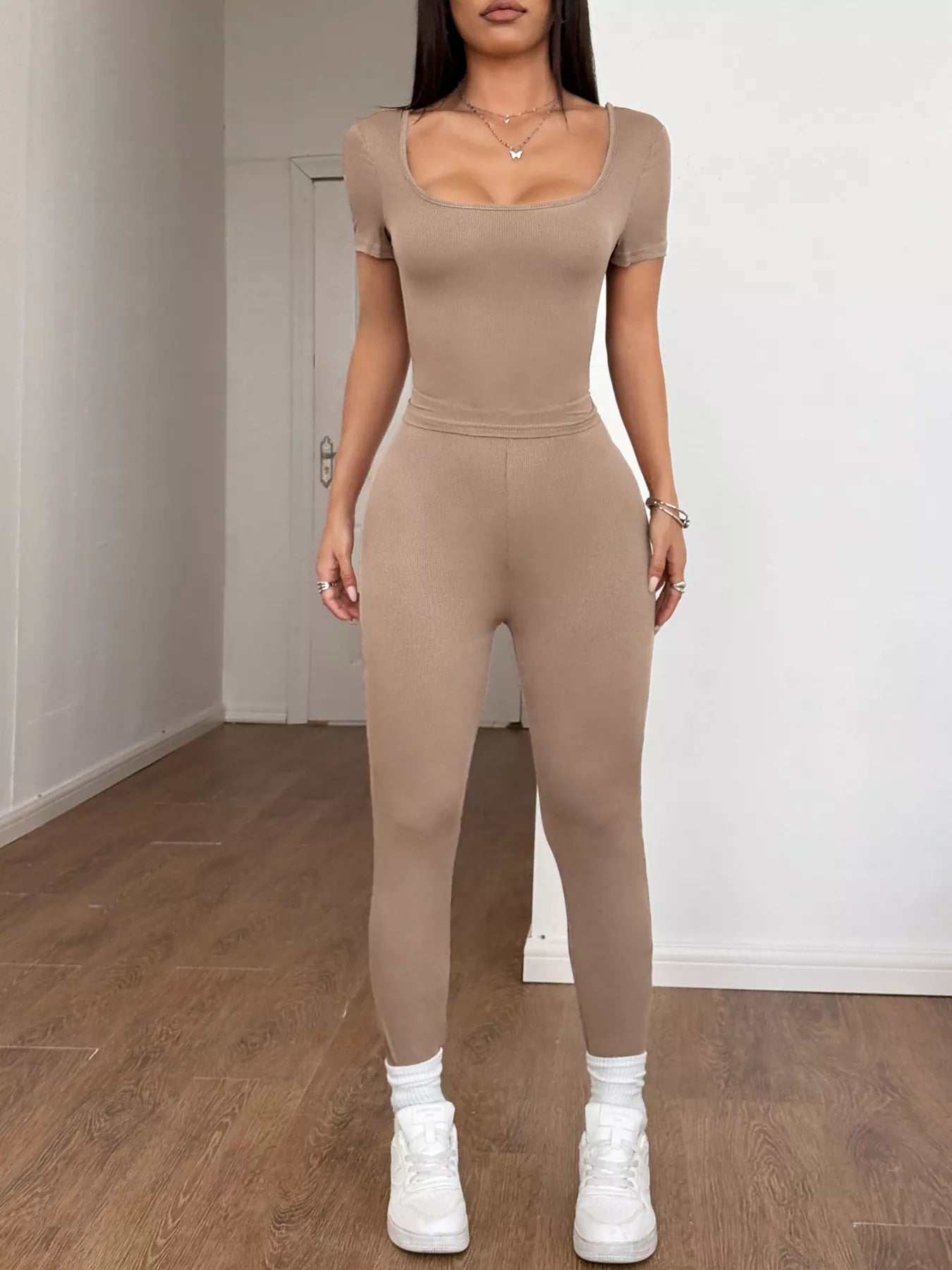 Short Sleeve Top and Leggings Set - Khaki