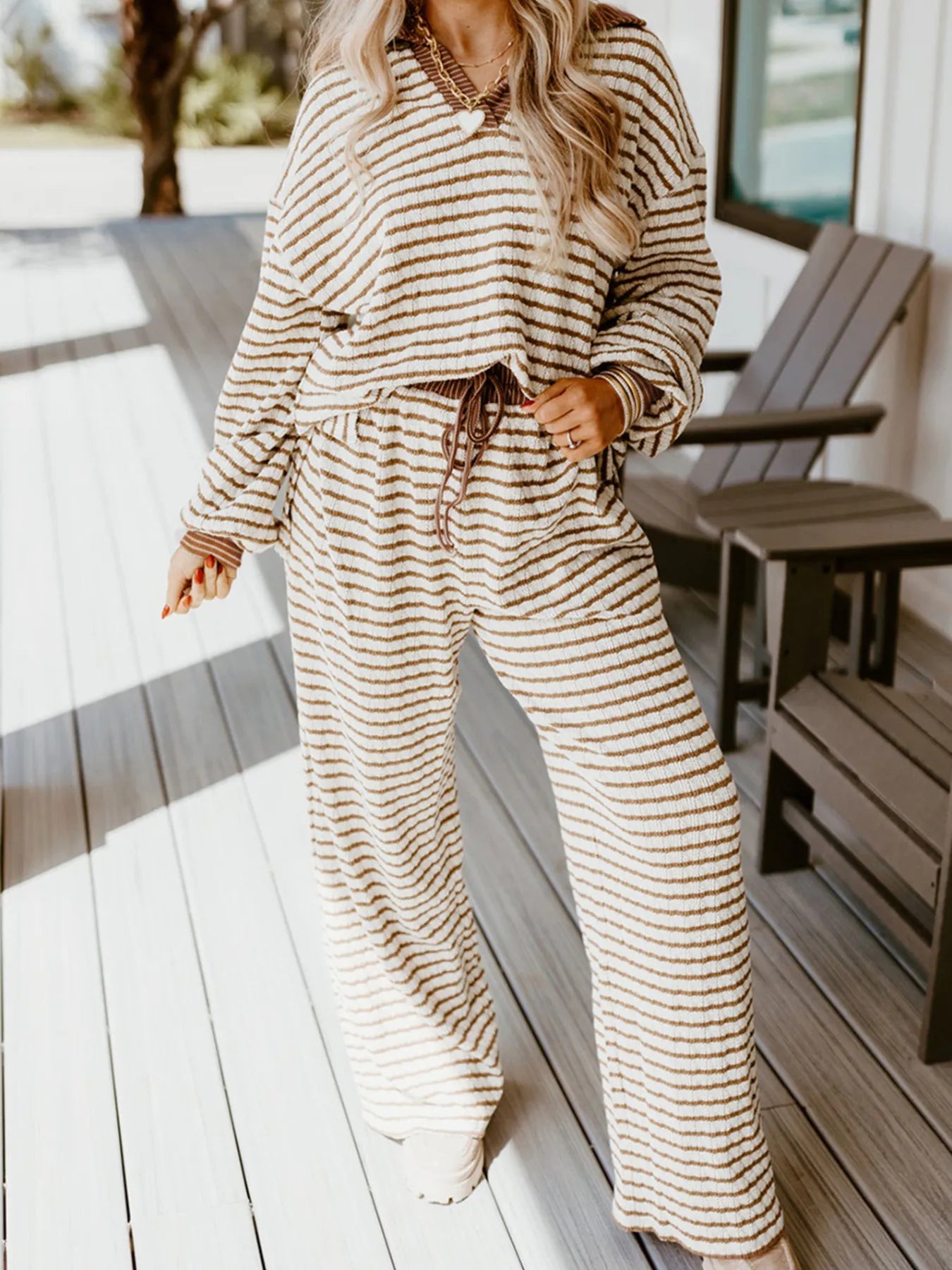 Stripe Collared Top and Drawstring Pant Set - Khaki