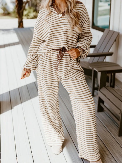 Stripe Collared Top and Drawstring Pant Set - Khaki