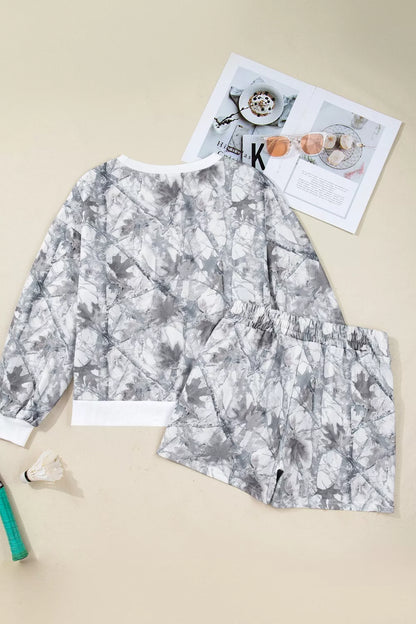 Abstract Camo Print Baggy Pullover Shorts Set -