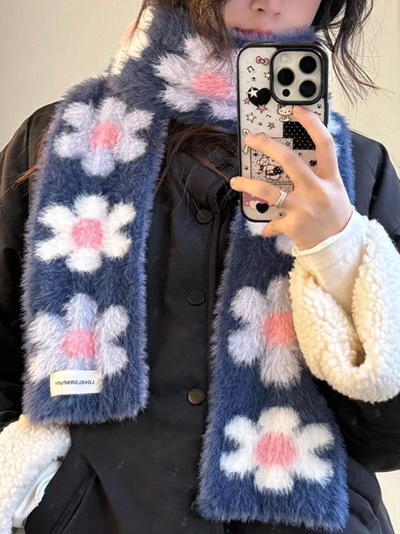 Floral Fuzzy Knit Scarf -
