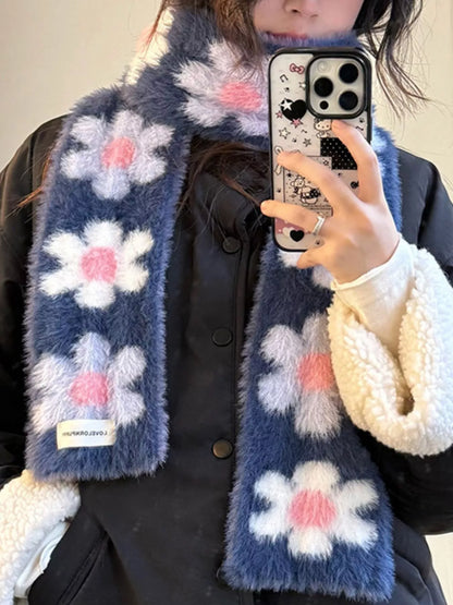 Floral Fuzzy Knit Scarf -