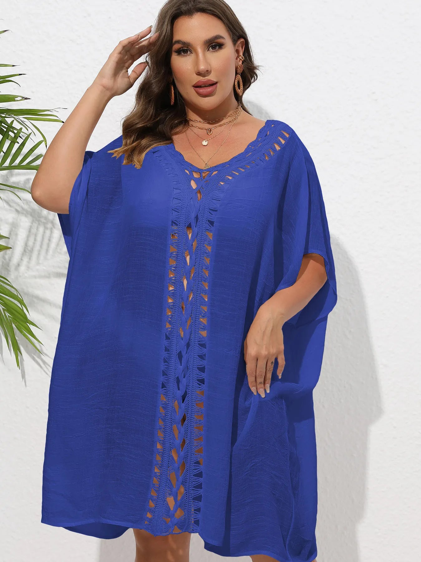 Crochet Trim V-Neck Beach Cover-Up Dress -