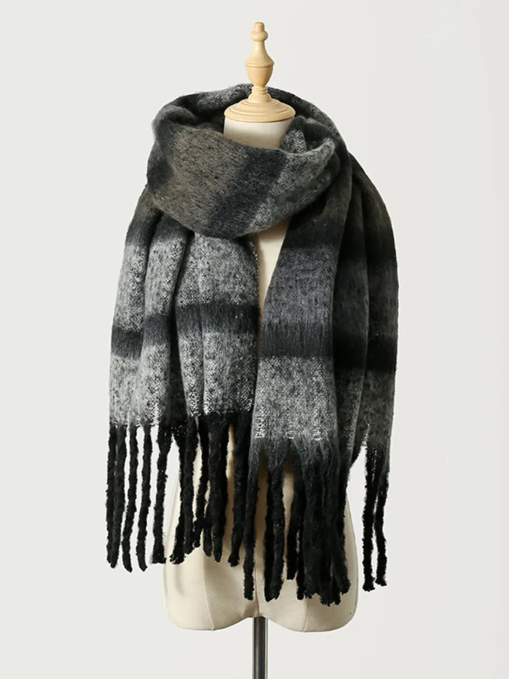 Fringe Color Block Polyester Scarf - Black One Size