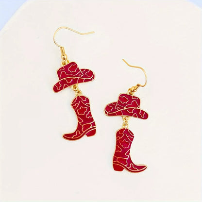Cowboy Hat and Boot Dangle Earrings - Red One Size
