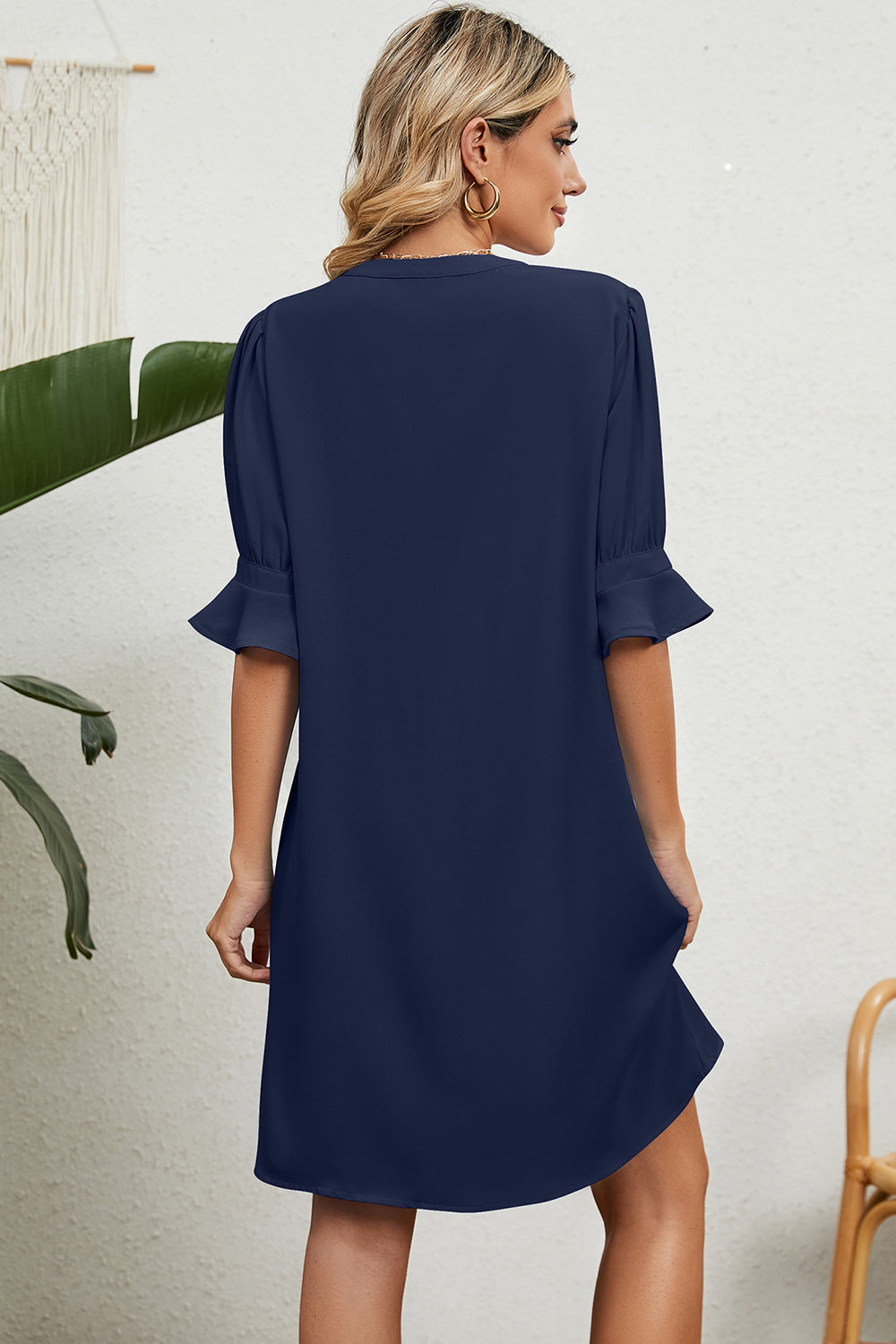 Notched Flounce Sleeve Mini Dress - Navy Blue