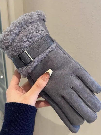Suede Gloves with Fur Cuff - Gray One Size