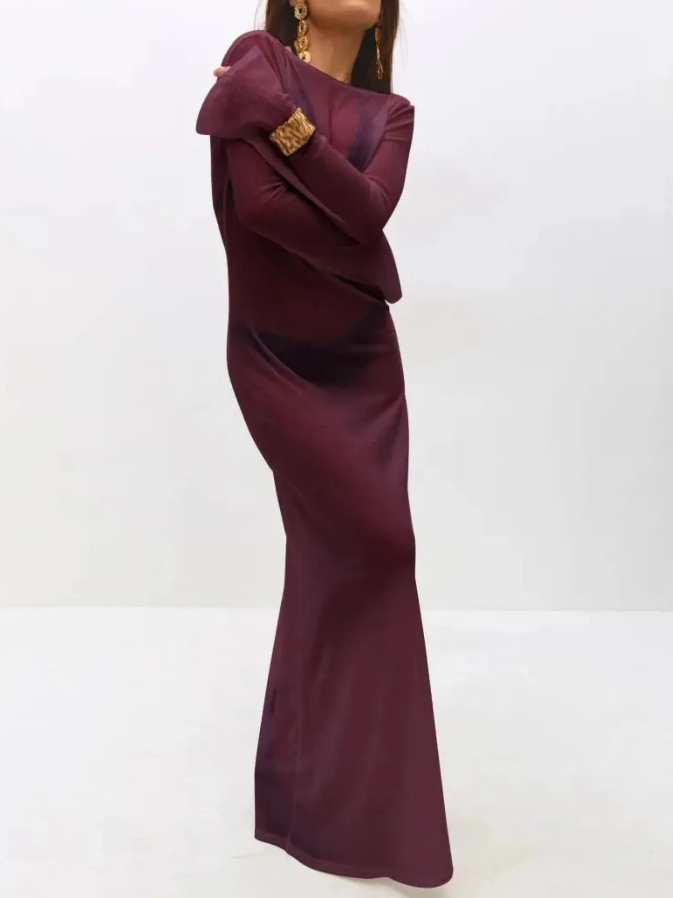 Backless Long Sleeve Maxi Cover-Up - Burgundy