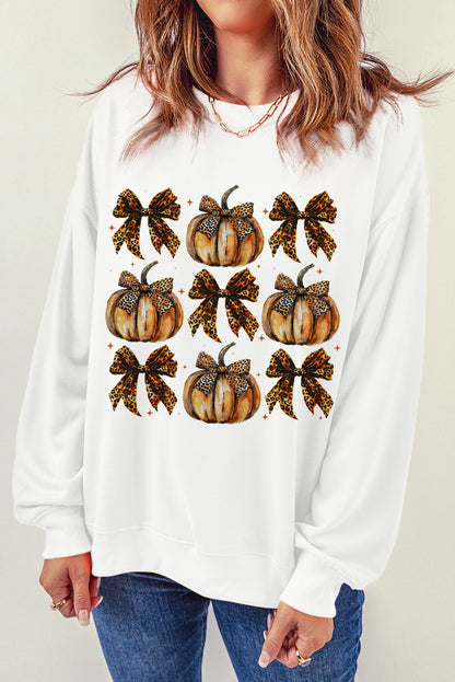 Pumpkin and Bow Graphic Long Sleeve Sweatshirt - White