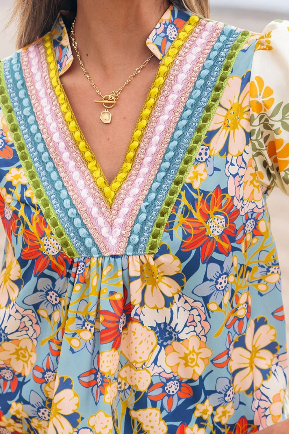 Crochet V-Neck Boho Floral Blouse -