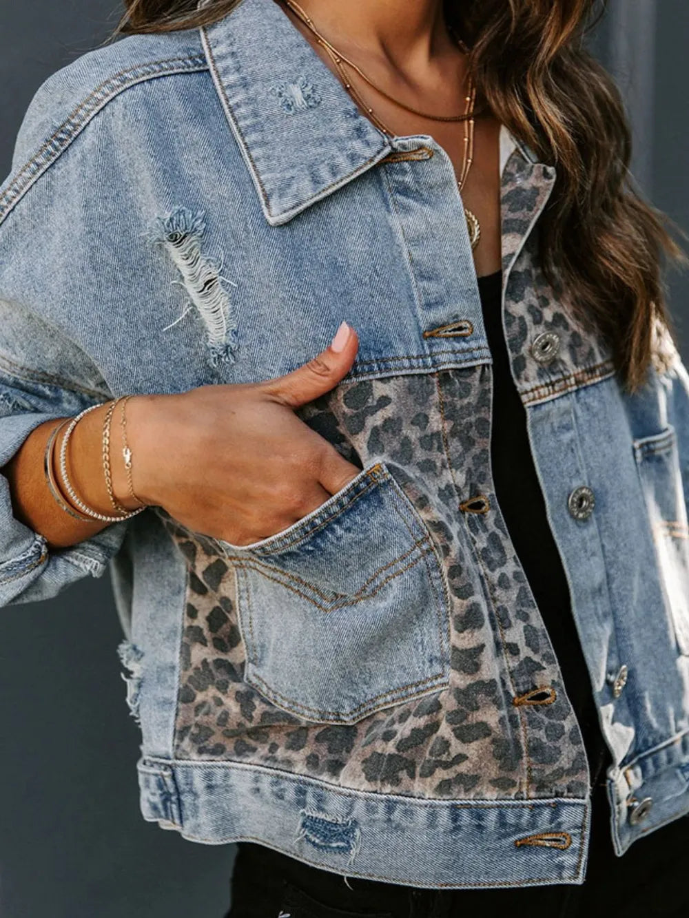 Distressed Leopard Drop Shoulder Denim Jacket -