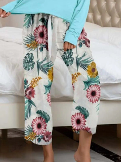 Round Neck Top and Printed Pants Lounge Set -