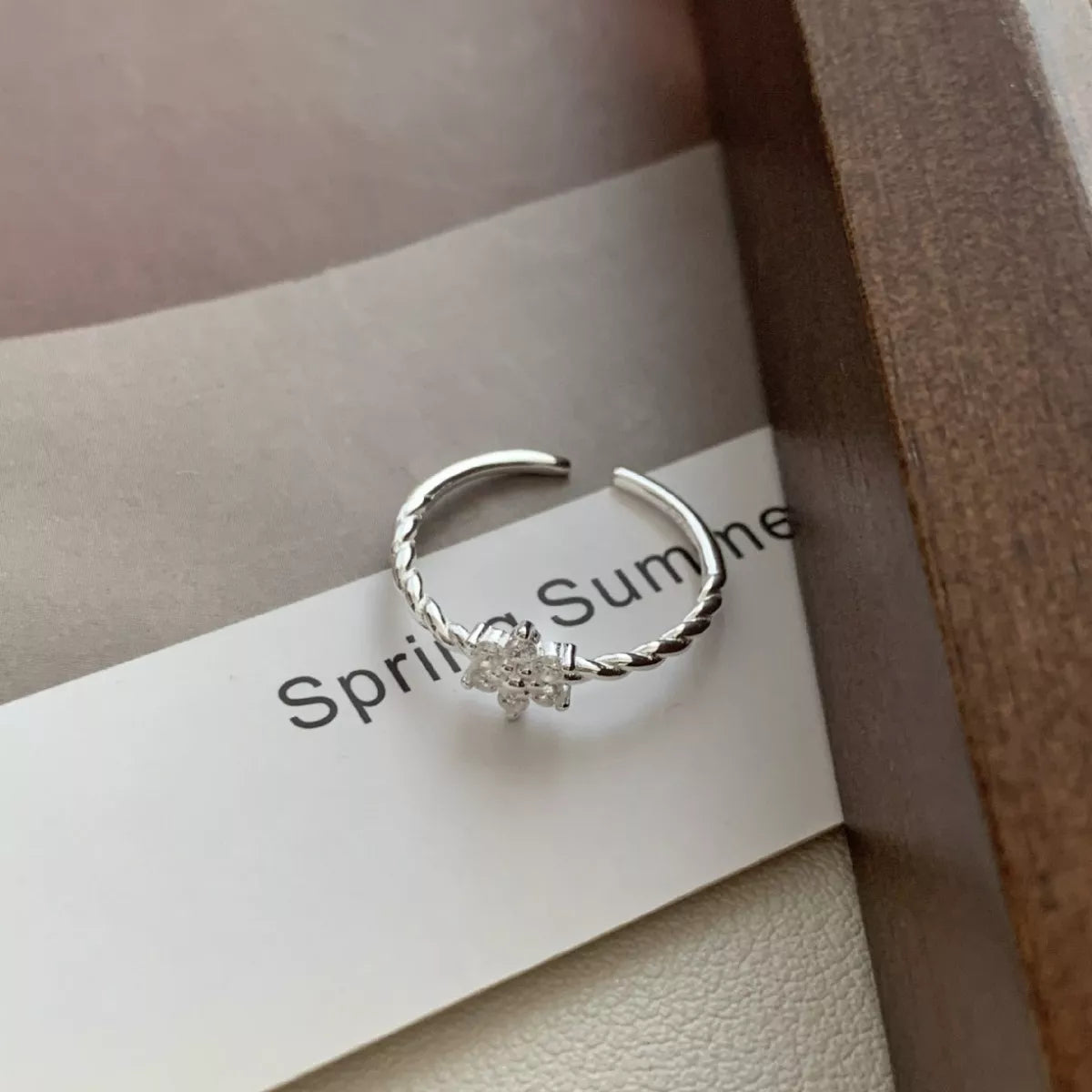 Sterling Silver Zircon Flower Open Ring -
