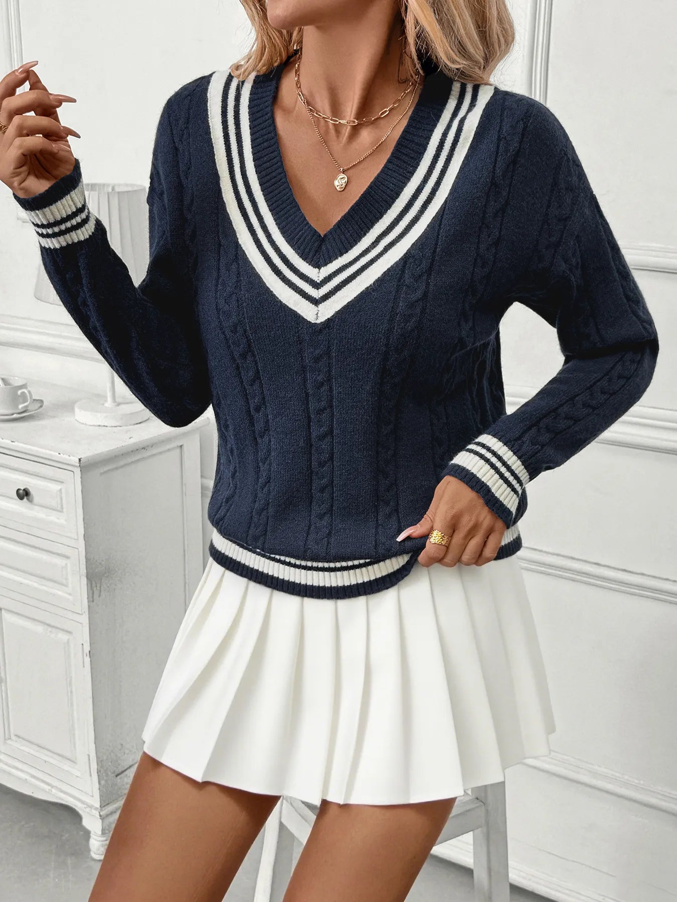 Contrast Striped V-Neck Sweater -