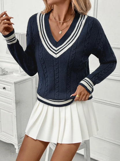 Contrast Striped V-Neck Sweater -