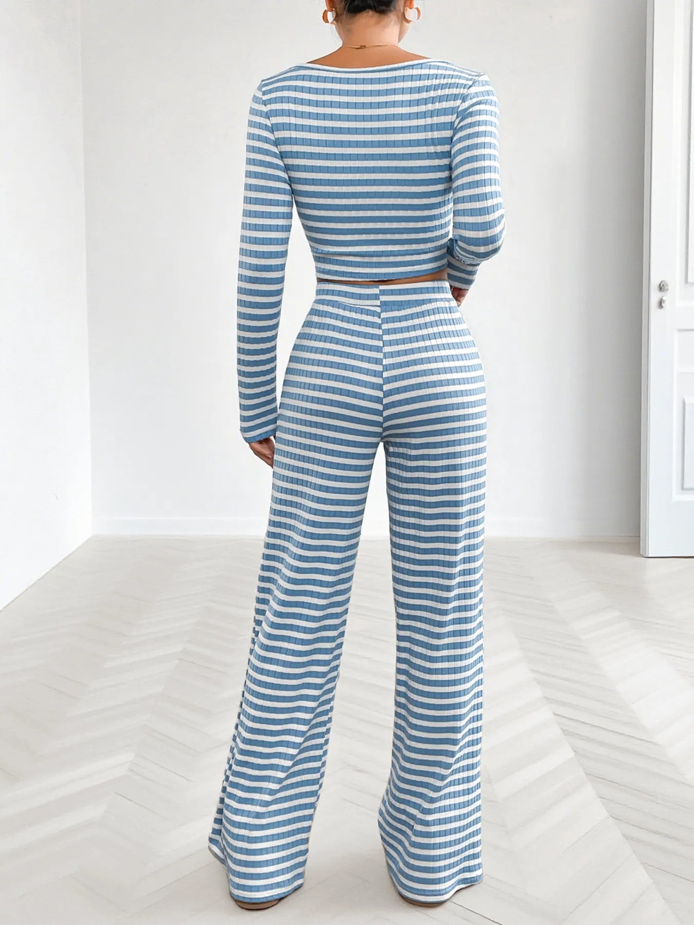 Striped Square Neck Top and Pants Lounge Set -