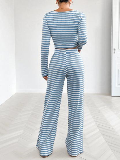 Striped Square Neck Top and Pants Lounge Set -