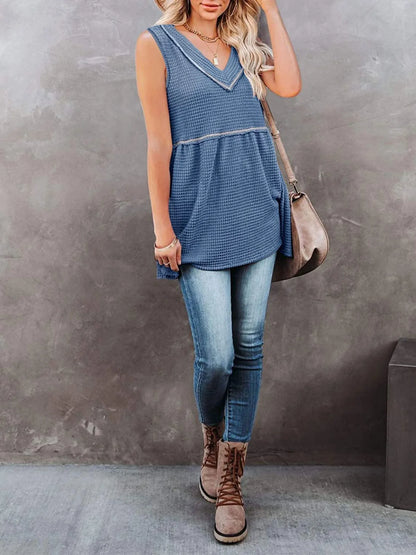 V-Neck Contrast Trim Waffle Knit Tank Top - Blue
