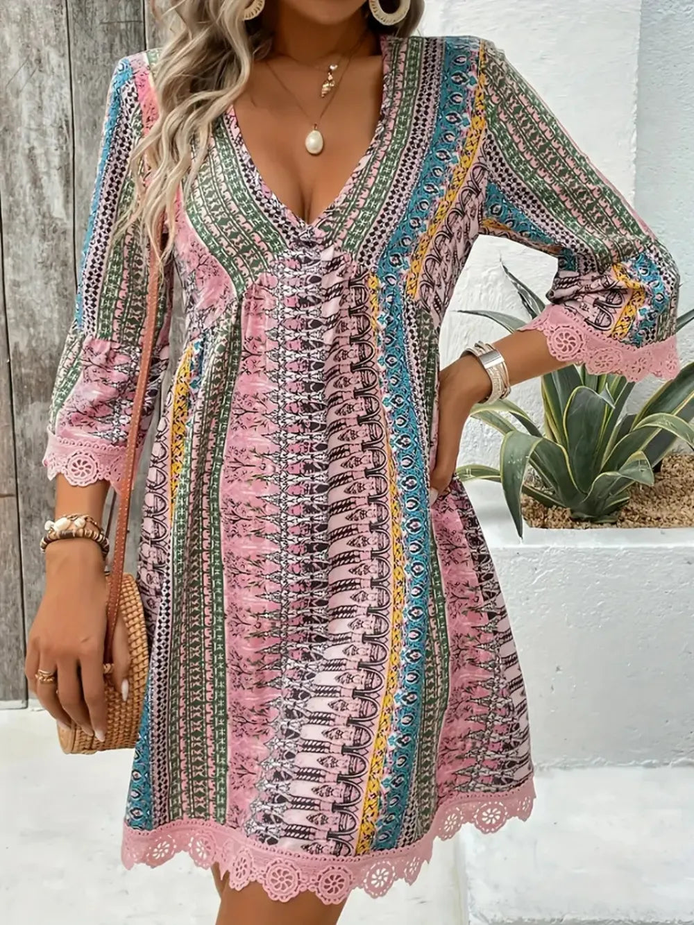 Lace Trim Printed V-Neck Dress - Blush Pink