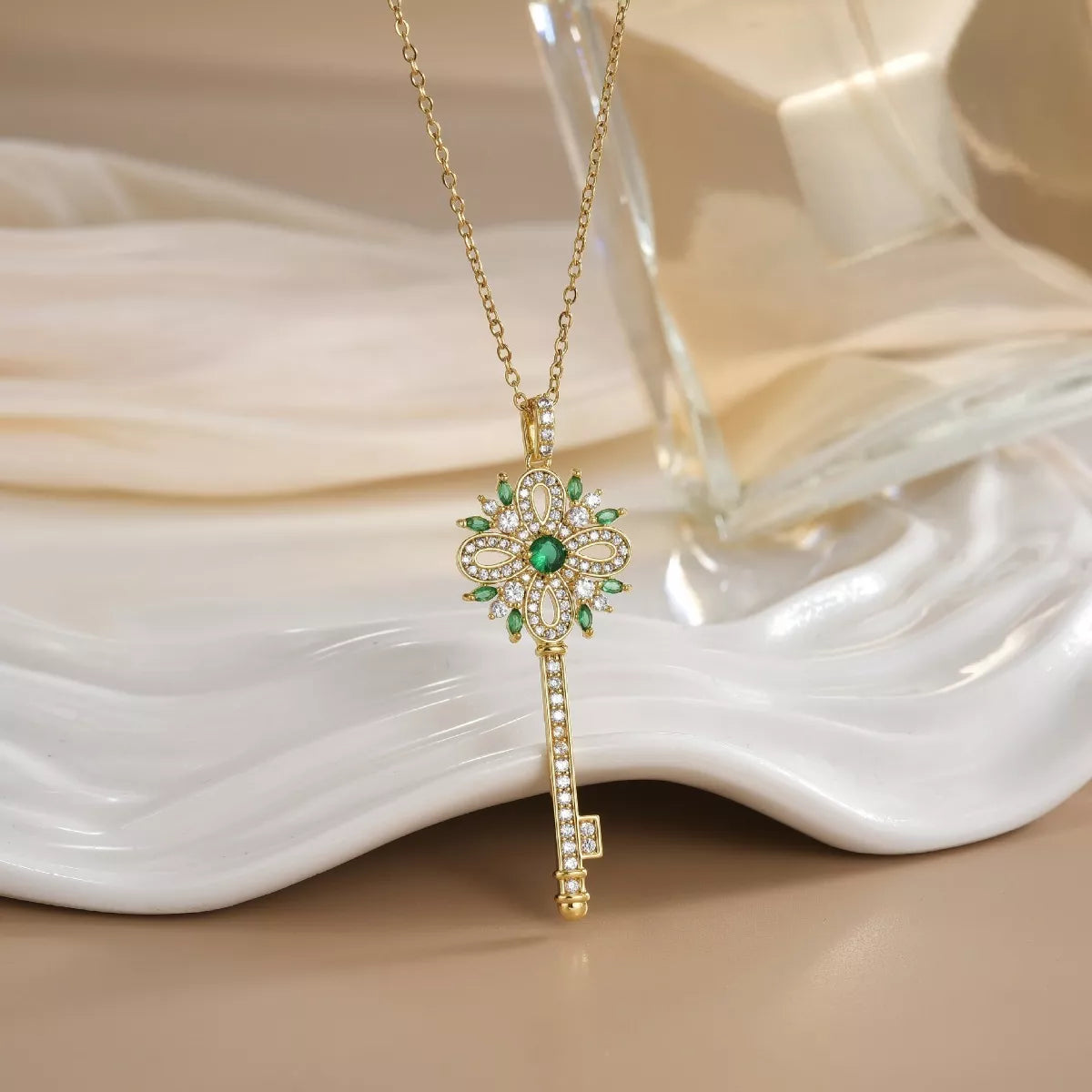Zircon Key Pendant Necklace - Gum Leaf One Size