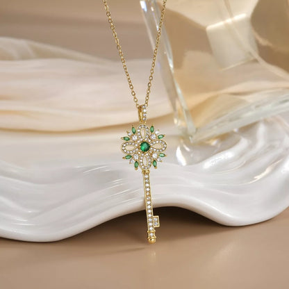 Zircon Key Pendant Necklace - Gum Leaf One Size