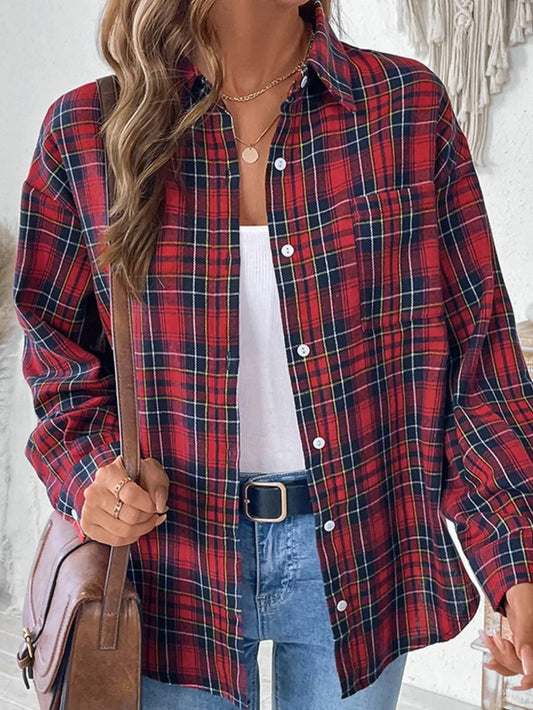 Plaid Button Up Long Sleeve Shirt - Deep Red