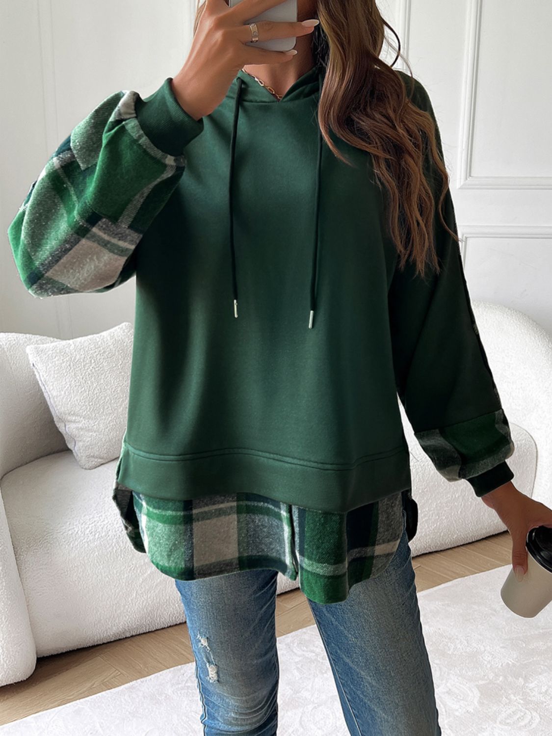 Drawstring Plaid Long Sleeve Hoodie