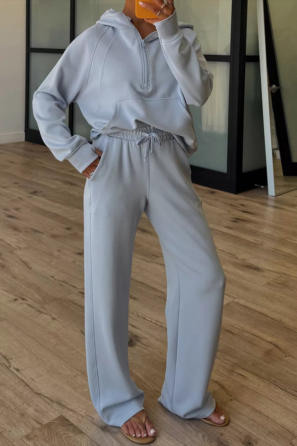 Half Zip Thumbhole Sleeve Hoodie and Pants Set - Light Blue