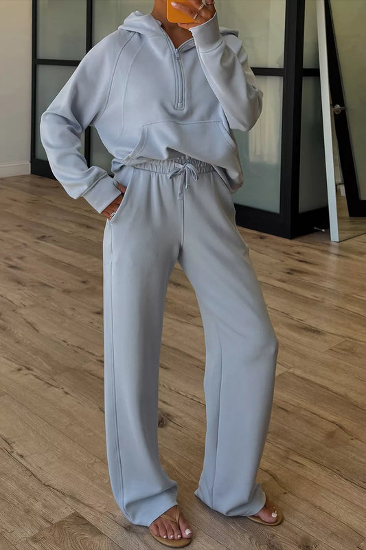 Half Zip Thumbhole Sleeve Hoodie and Pants Set - Light Blue
