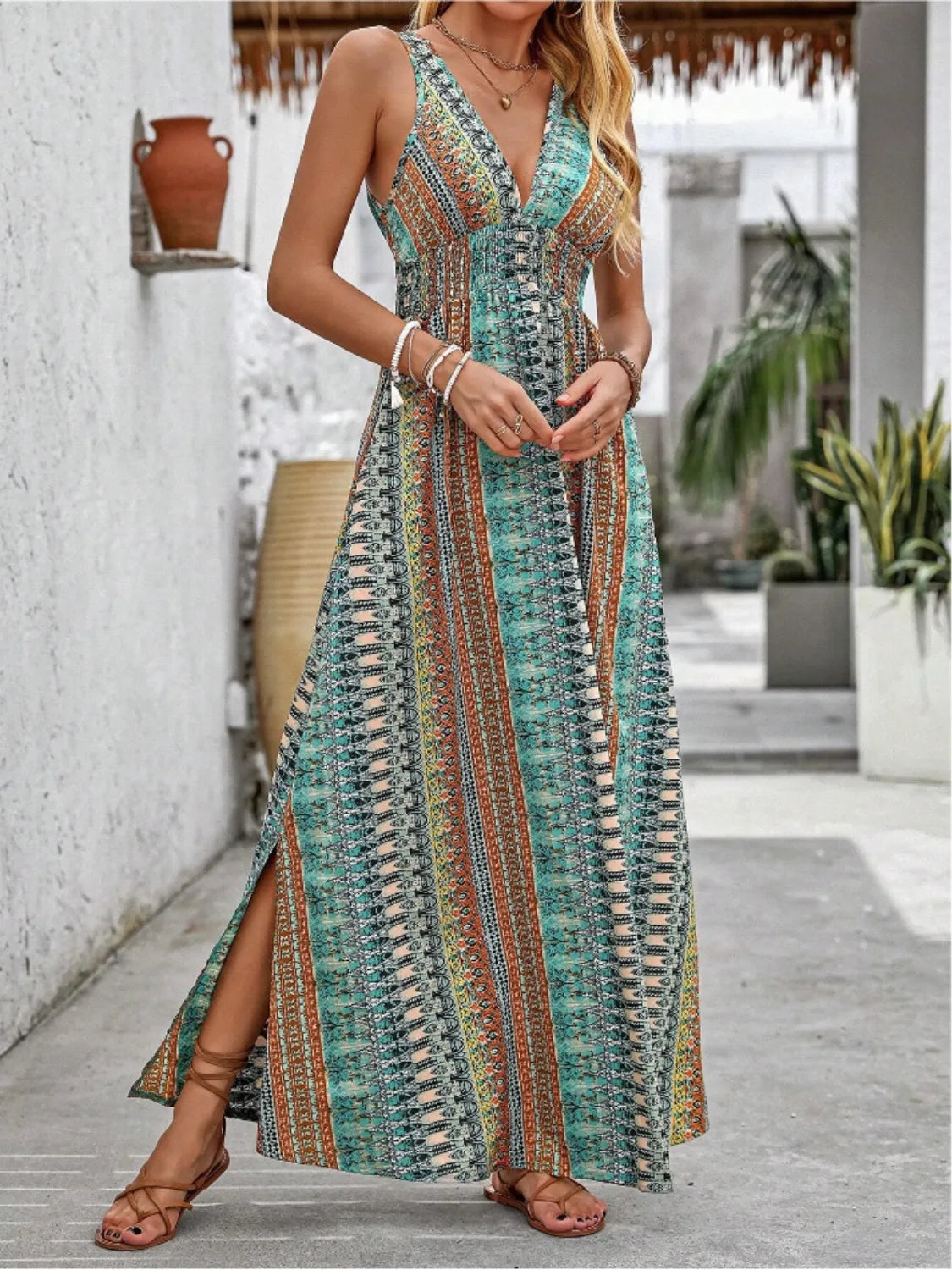 Tied Back Printed Sleeveless Maxi Slit Dress -