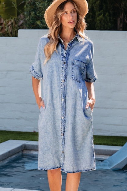 Pocketed Button Up Half Sleeve Denim Dress - Medium