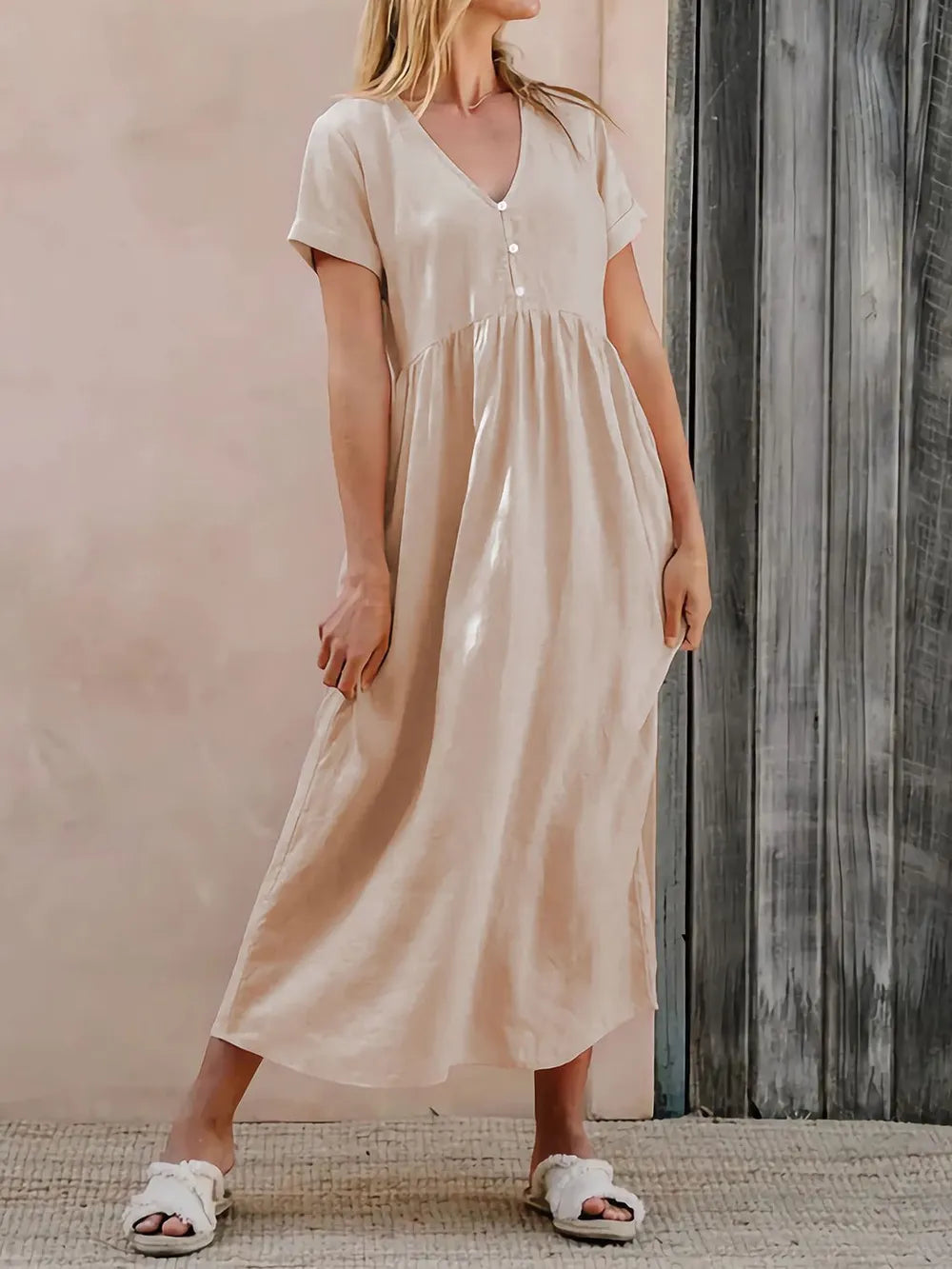 V-Neck Short Sleeve Midi Dress -