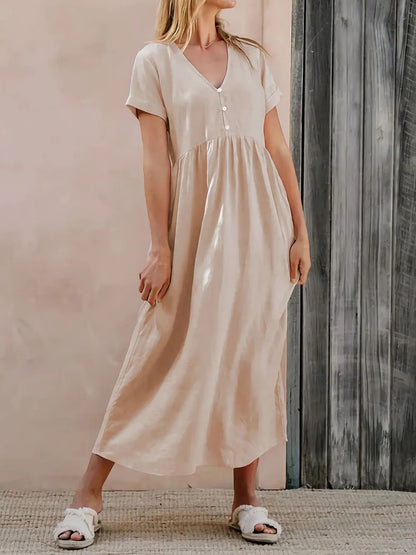 V-Neck Short Sleeve Midi Dress -