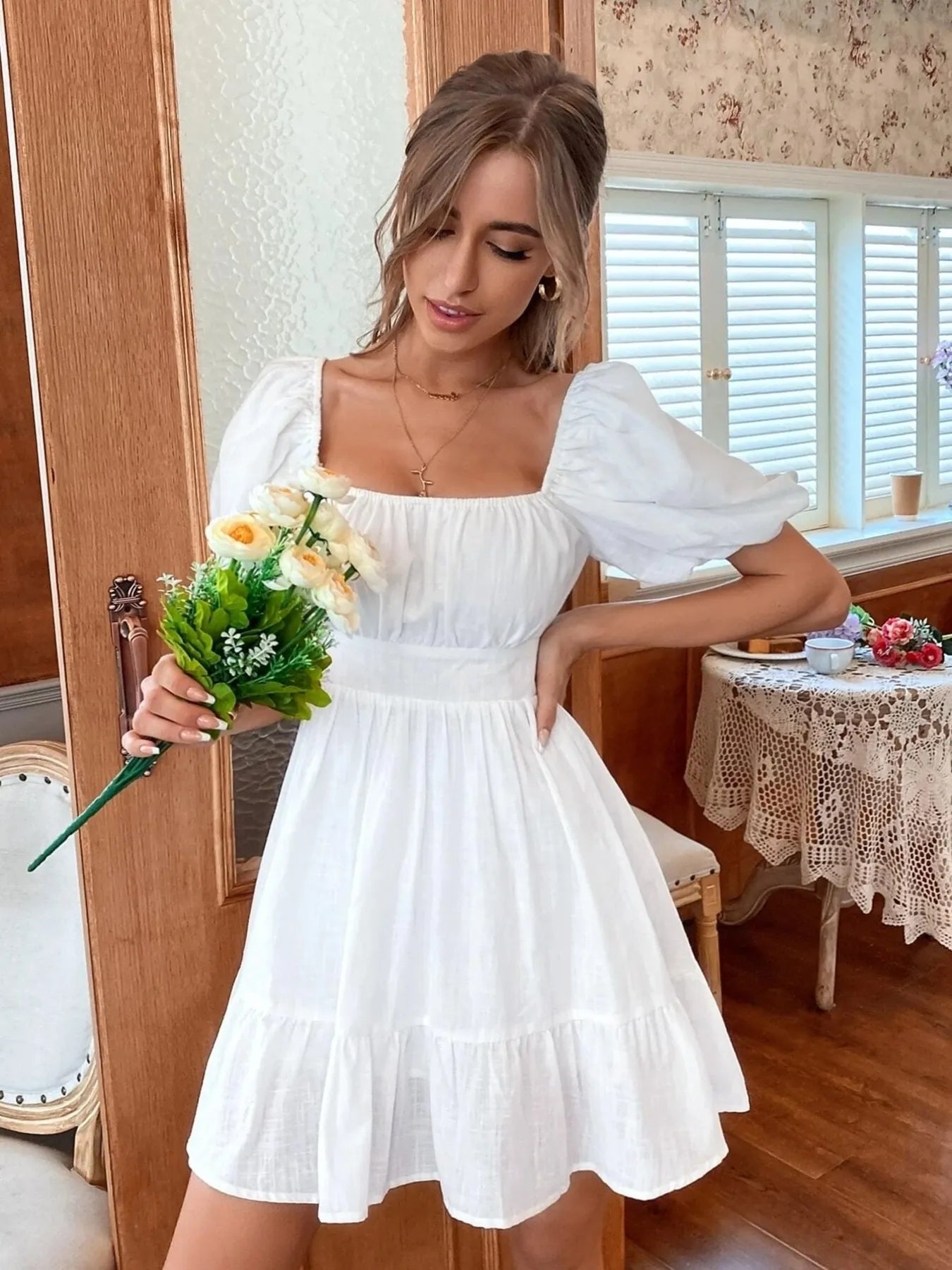 Square Neck Puff Sleeve Mini Dress -
