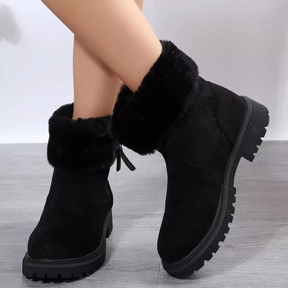 Side Zipper Fuzzy Boots - Black