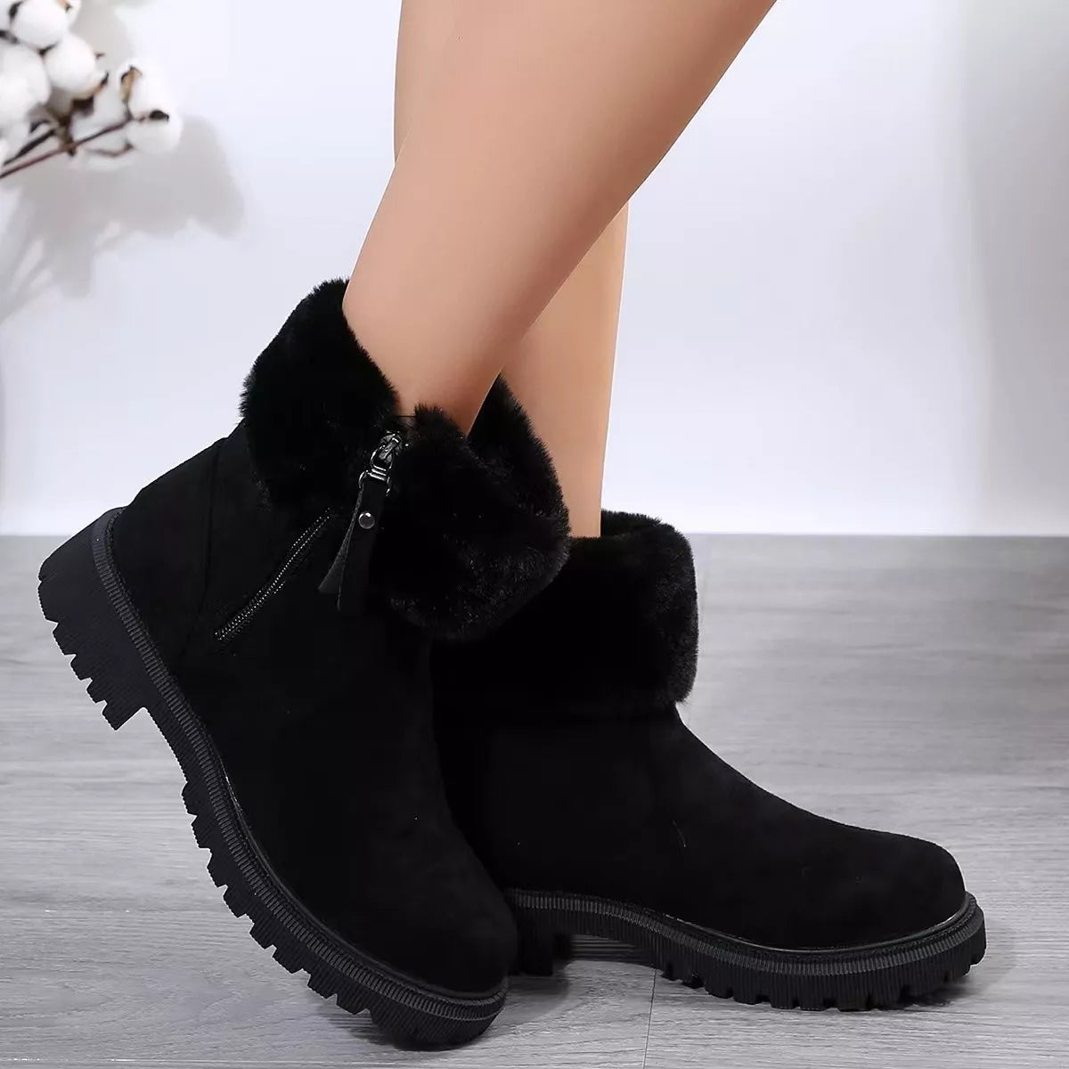 Side Zipper Fuzzy Boots - Black