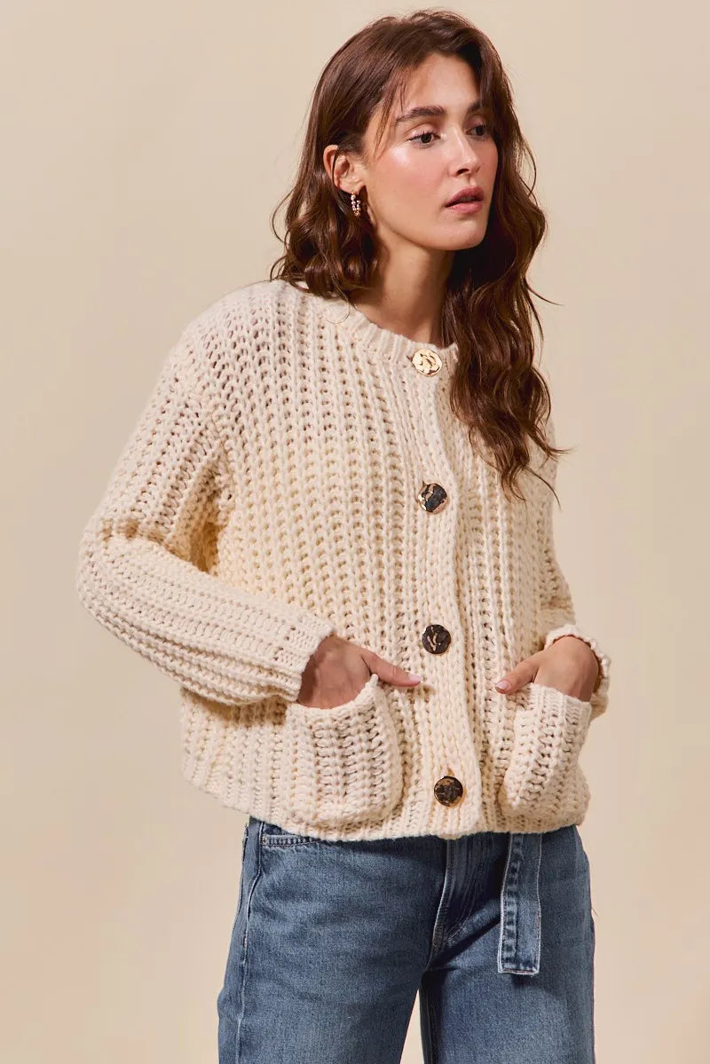 Metal Button Long Sleeve Chunky Sweater Cardigan - Cream