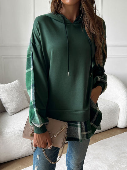 Drawstring Plaid Long Sleeve Hoodie