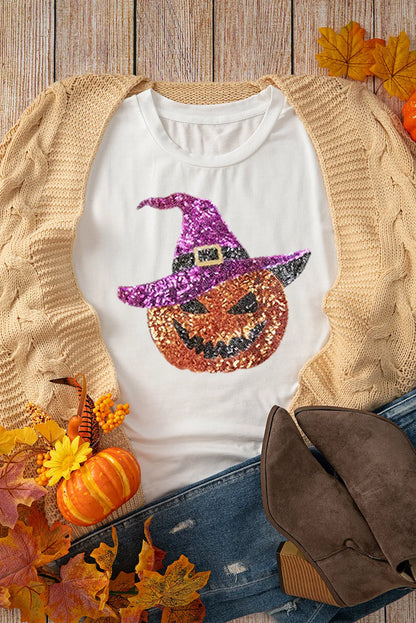 Sequin Pumpkin Round Neck Short Sleeve T-Shirt -
