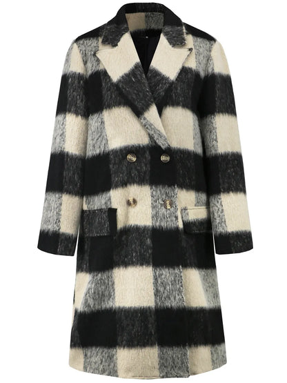 Plaid Double-Breasted Long Sleeve Coat - Black